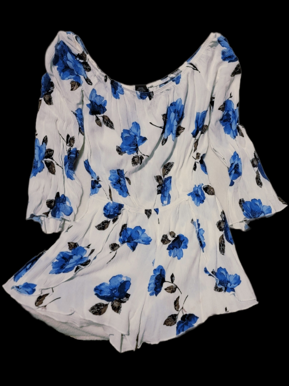 Women's White Floral Romper with Blue Rose Print